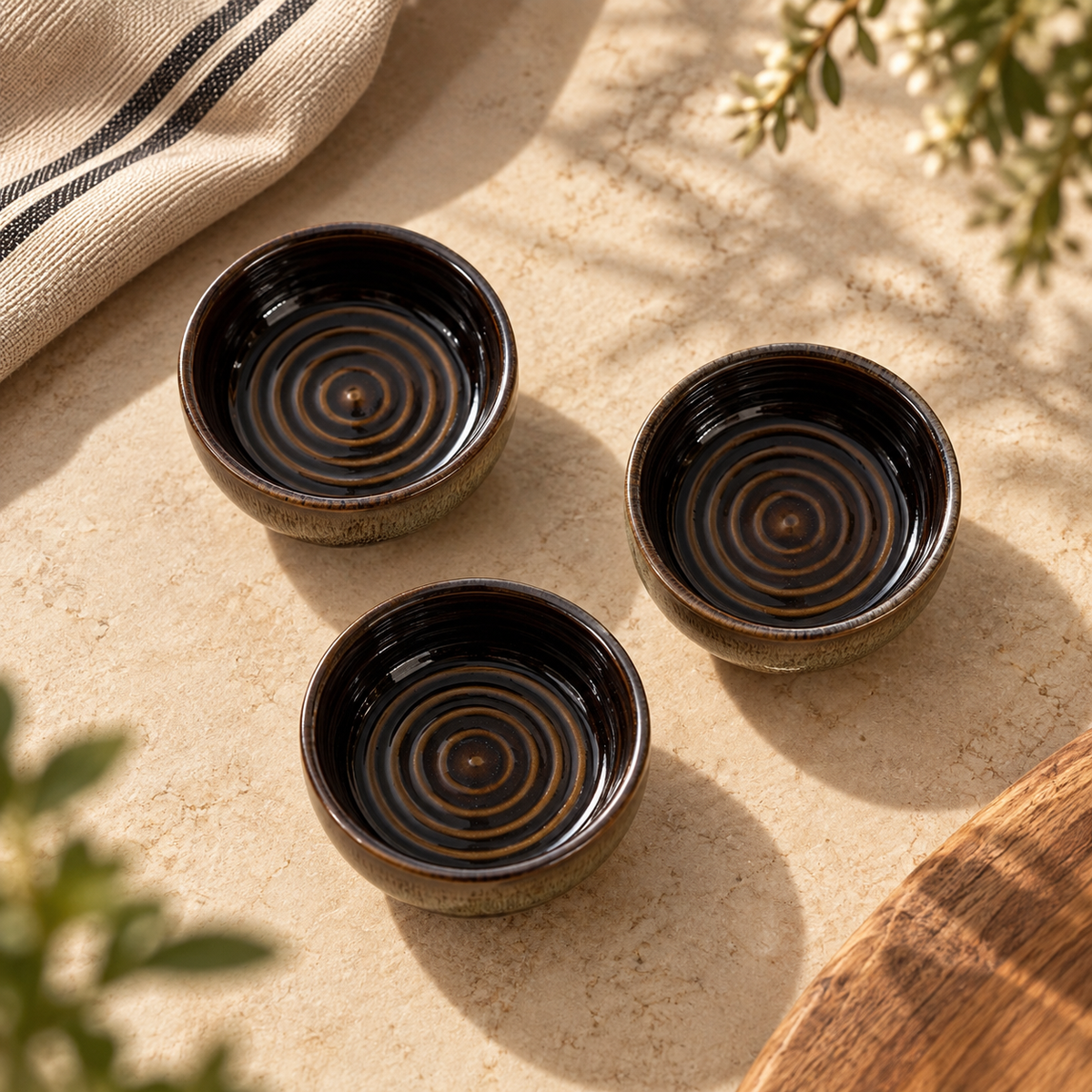 Ozay Living Ripple Dip Cup set of three ceramic dip cups styled for serving