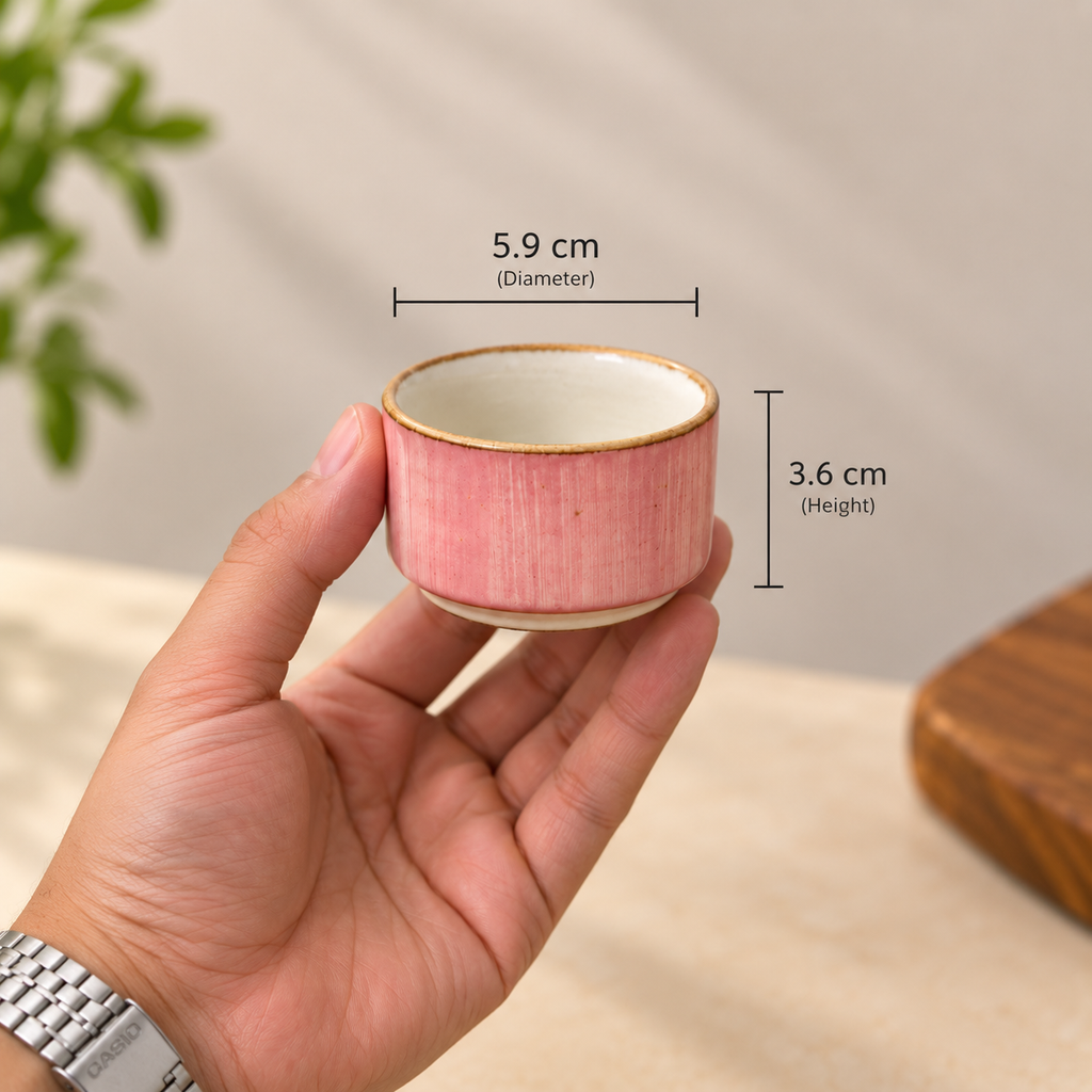 OZAY Living Rose Dip Cup single pink ceramic dipping cup showing 5.9 cm diameter and 3.6 cm height