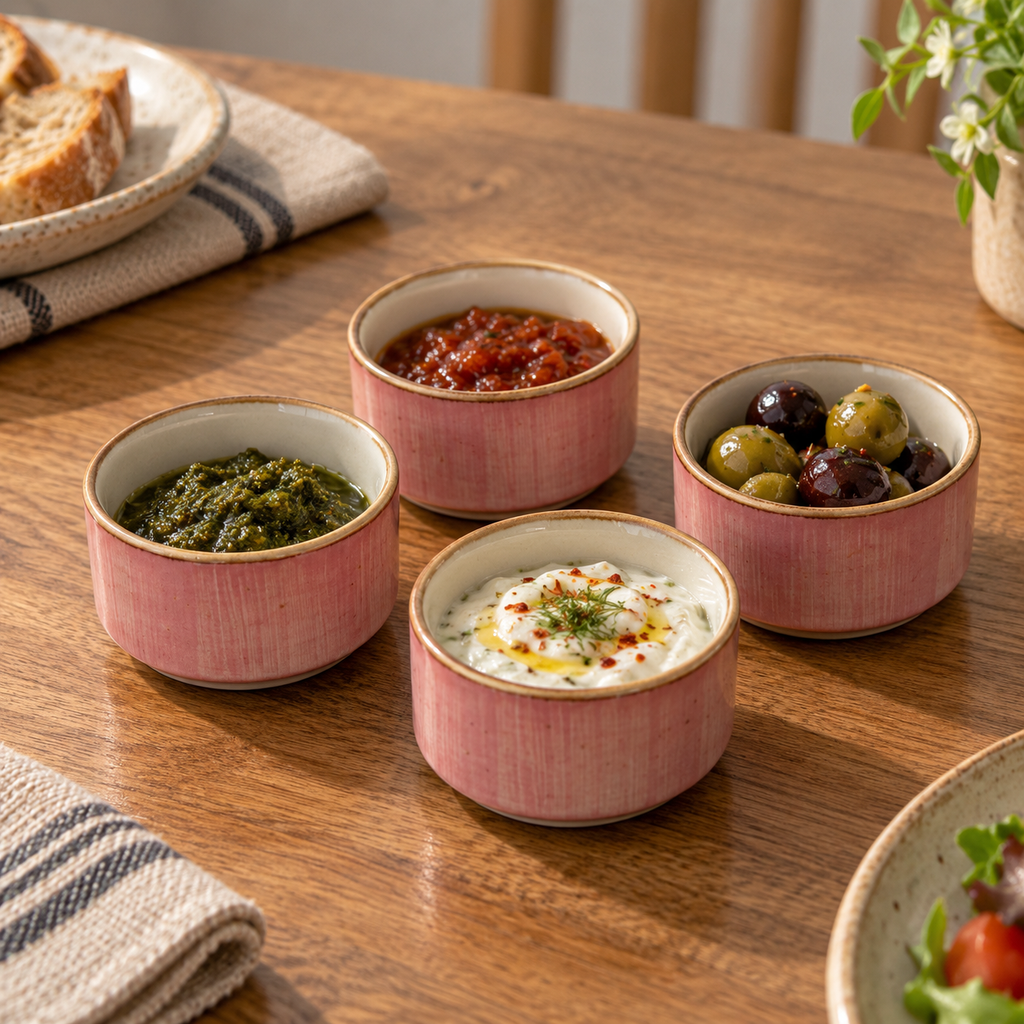 OZAY Living Rose Dip Cups in pink ceramic for serving dips, sauces and condiments at home