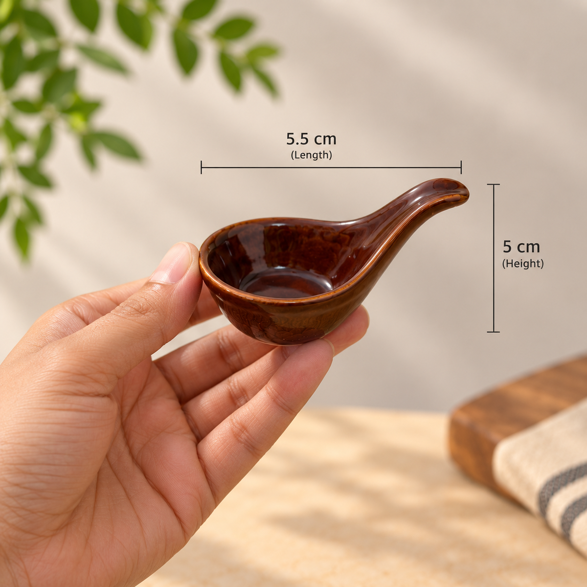 OZAY Living Scoop Dip Cup single dark brown ceramic dipping cup showing 5.5 cm length and 5 cm height