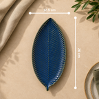 Patra ceramic serving platter with leaf-inspired design and blue glaze by OZAY Living