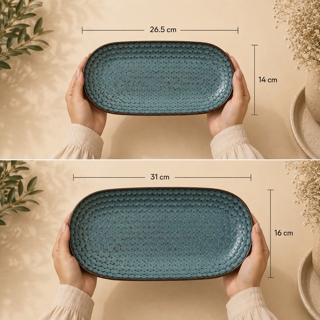 OZAY Living Pebble ceramic serving platters showing 26.5 cm by 14 cm and 31 cm by 16 cm dimensions