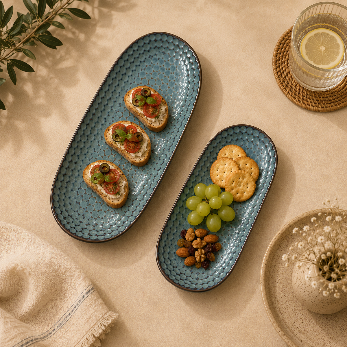 OZAY Living Pebble ceramic serving platters styled for serving food and snacks