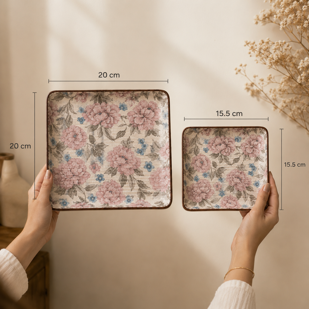OZAY Living Peony serving platter set  with rounded corners are held by hands against a warm beige wall. The larger tray is 20 cm by 20 cm and the smaller tray is 15.