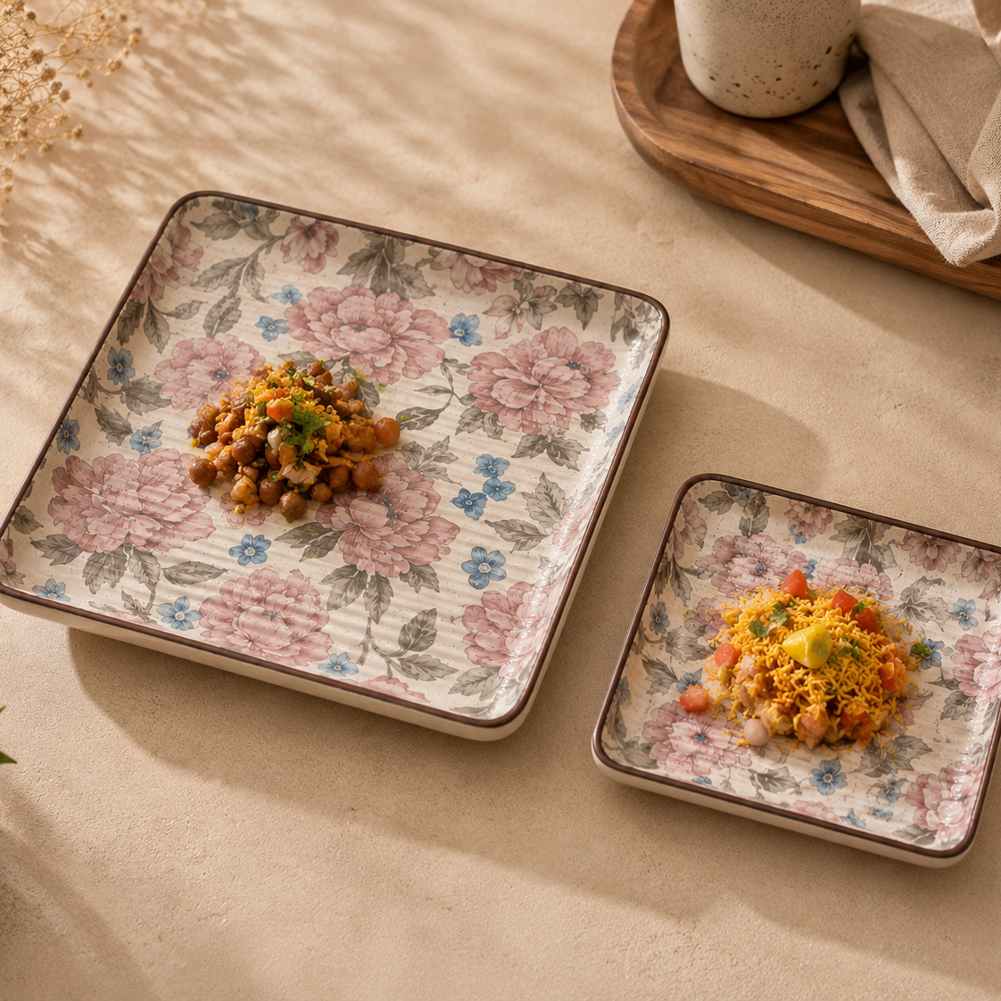 OZAY Living Peony ceramic serving platter set  with rounded corners, one large and one small, styled on a beige fabric surface with food placed on top.