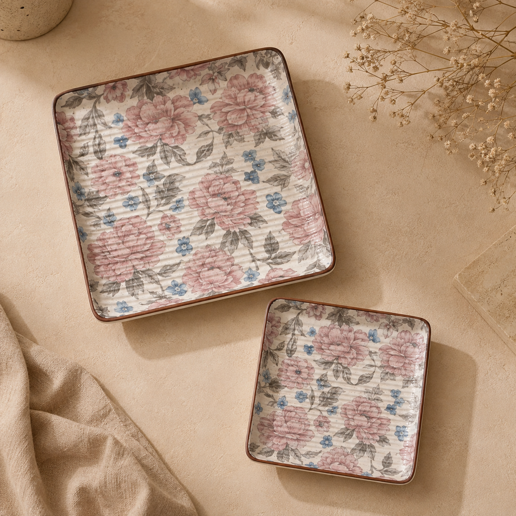 OZAY Living Peony ceramic serving platter set  with a pink and blue floral pattern on a beige background, styled on a beige surface with dried flowers and a beige cloth.