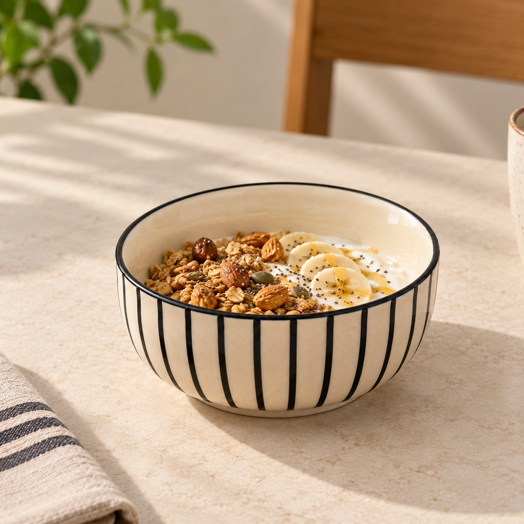Pinstripe ceramic bowl with minimalist striped design by Ozay Living