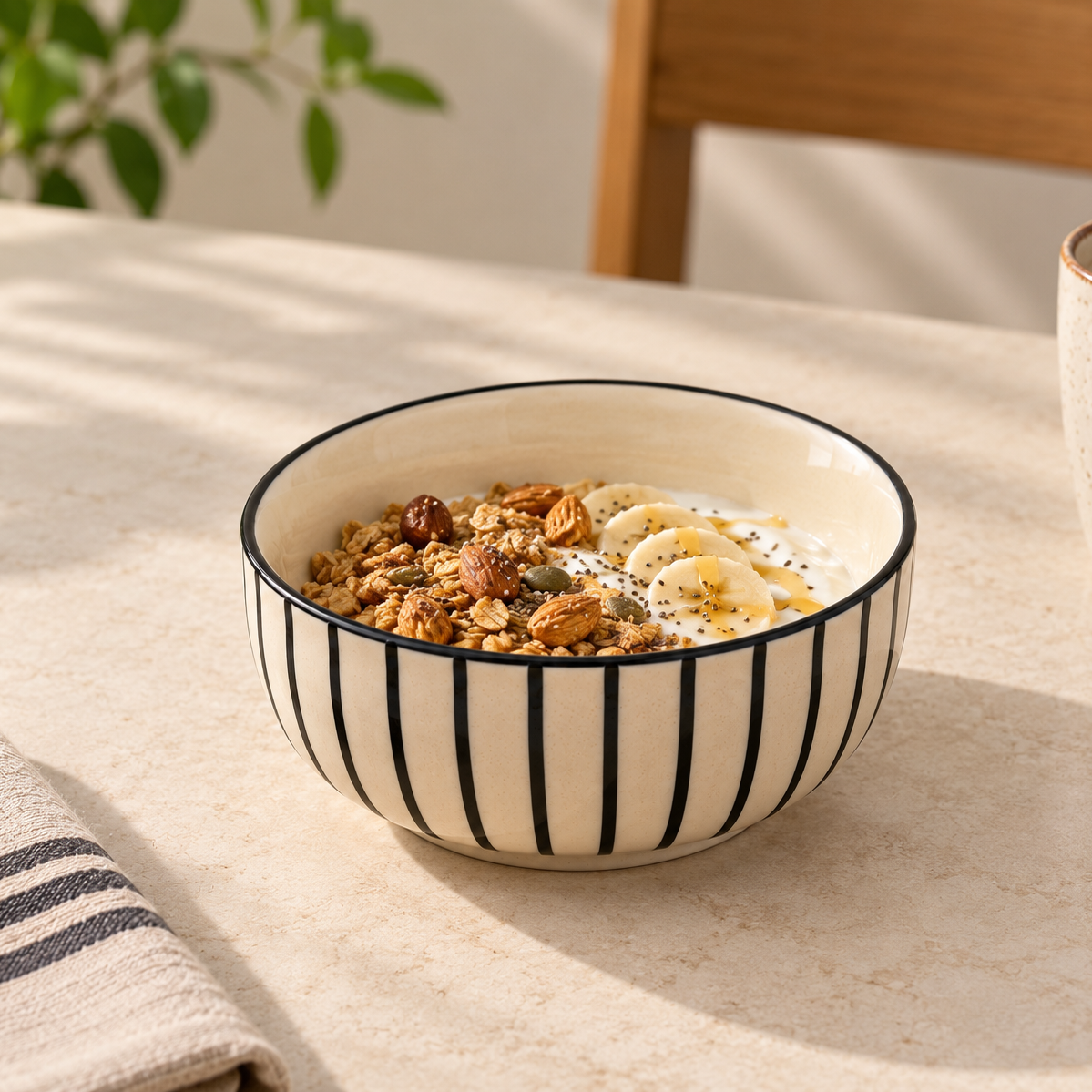 Pinstripe ceramic bowl with minimalist striped design by Ozay Living