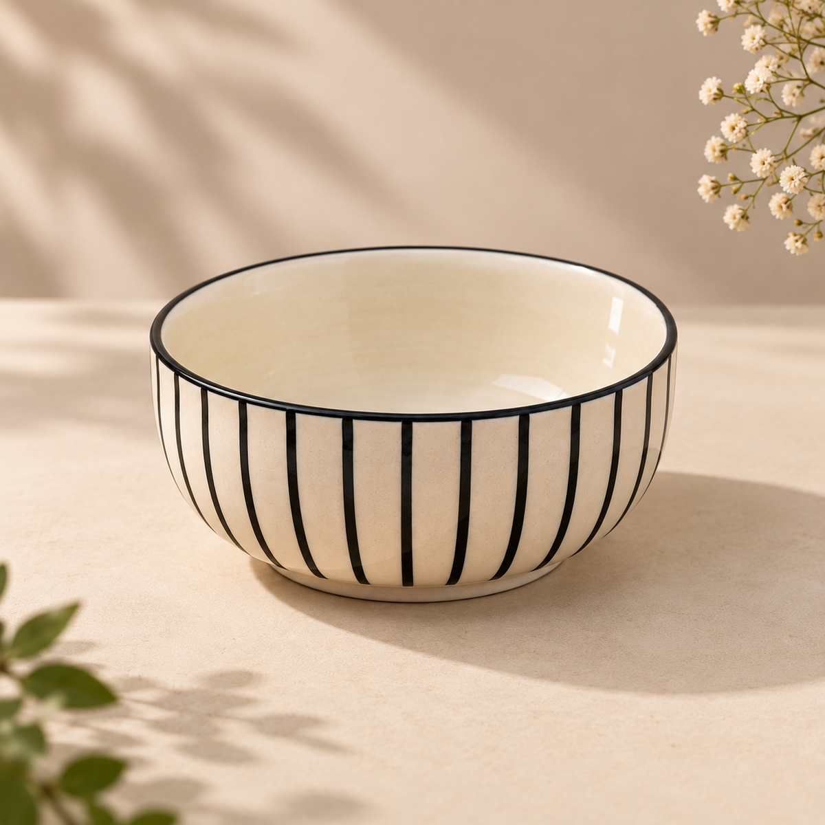 Pinstripe ceramic bowl with minimalist striped design by Ozay Living