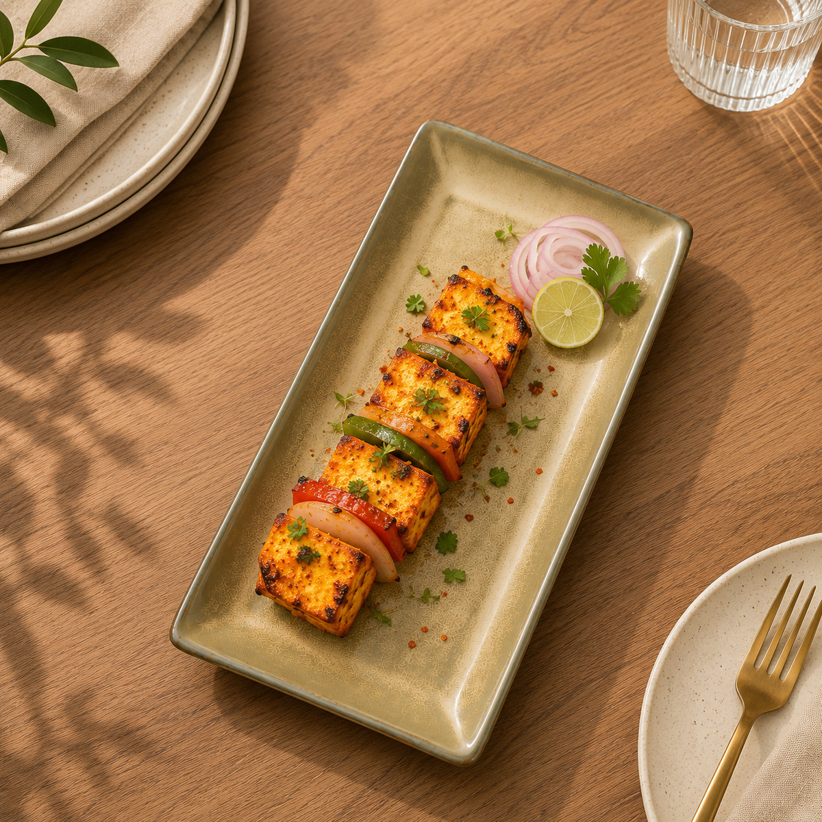 A rectangular ceramic plate with a warm beige-green glaze, styled on a wooden dining table. The plate holds grilled paneer tikka skewers with green peppers, red onions, a lime wedge, and cilantro, alongside sliced red onion.