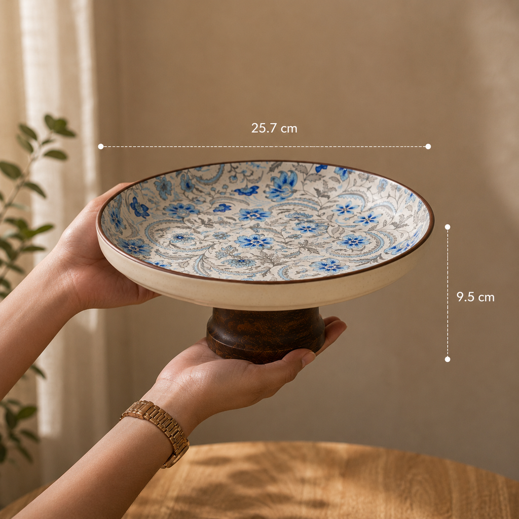 OZAY Living Sapphire floral ceramic serving platter showing 25.7 cm diameter and 9.5 cm height