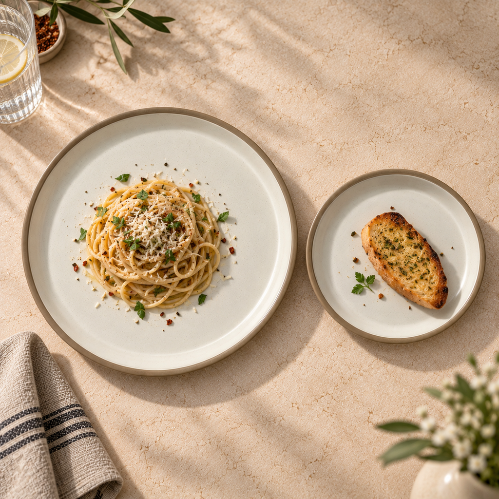 Siena ceramic plates with beige rims are styled on a warm beige stone surface. The larger round plate holds spaghetti with herbs and cheese, and the smaller oval plate holds a slice of garlic bread.