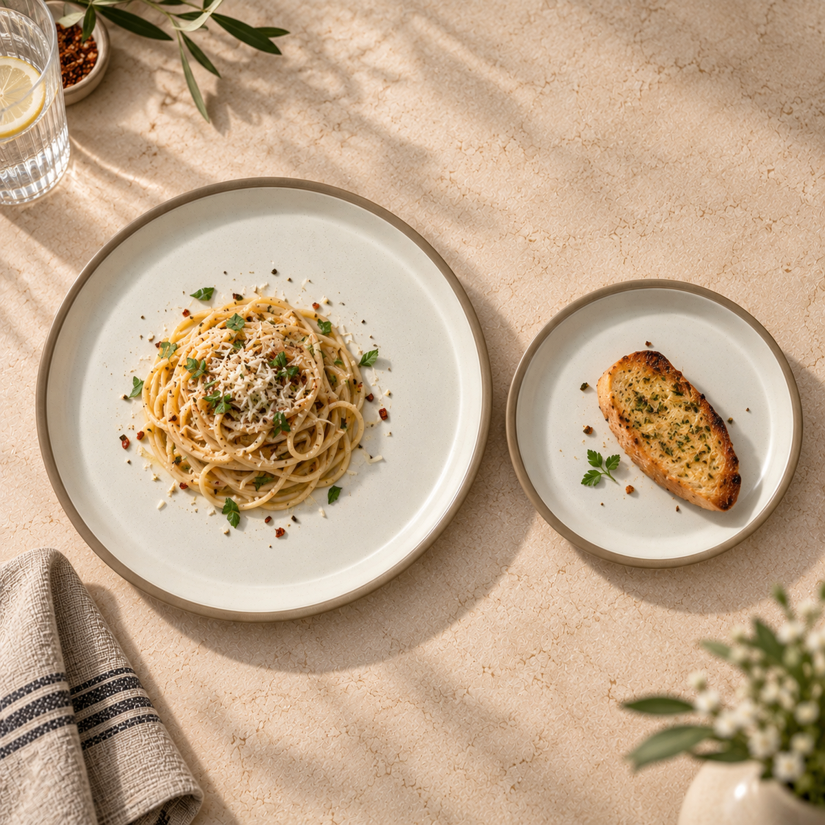 Siena ceramic plates with beige rims are styled on a warm beige stone surface. The larger round plate holds spaghetti with herbs and cheese, and the smaller oval plate holds a slice of garlic bread.