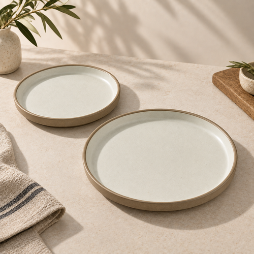 Siena ceramic plates with a matte off-white center and a warm beige rim, styled on a beige tablecloth with a striped napkin, potted plants, and natural shadows.