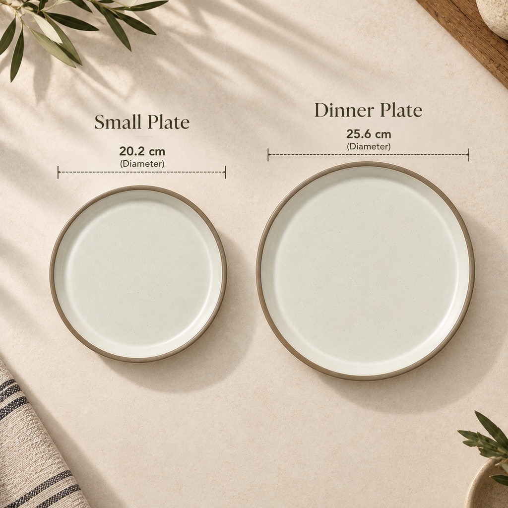 Siena ceramic plates shown on a beige surface with overlaid size labels: a small plate 20.2 cm in diameter and a dinner plate 25.