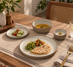 Siena dinner set with brown textured finish, white glazed plates, katoris and serving bowl by OZAY Living