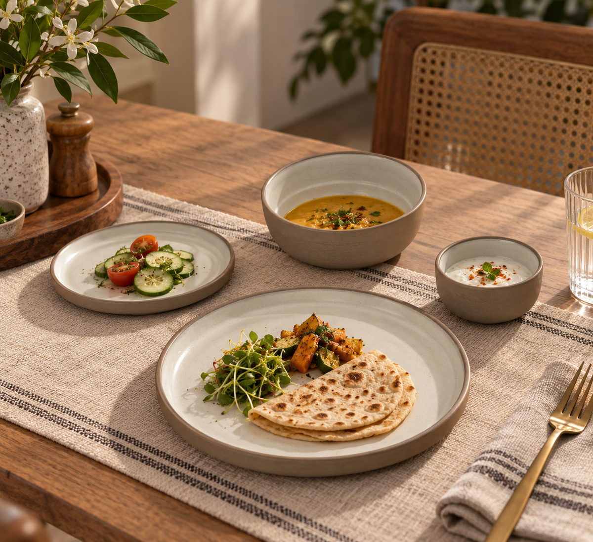 Siena dinner set with brown textured finish, white glazed plates, katoris and serving bowl by OZAY Living