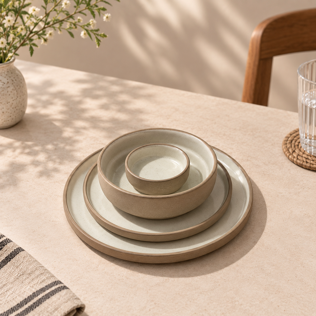 Siena dinner set with brown textured finish, white glazed plates, katoris and serving bowl by OZAY Living