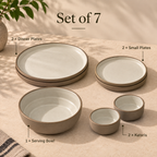 Siena Ceramic Dinner Set Of 7 with brown textured finish, white glazed plates, katoris and serving bowl by OZAY Living. 