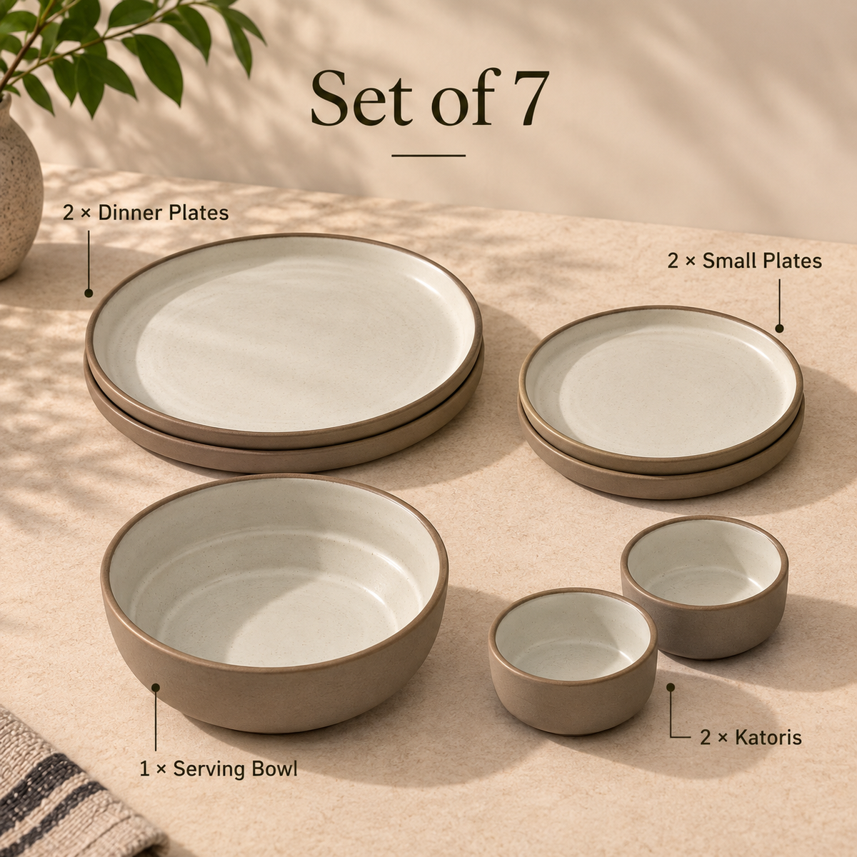 Siena Ceramic Dinner Set Of 7 with brown textured finish, white glazed plates, katoris and serving bowl by OZAY Living. 