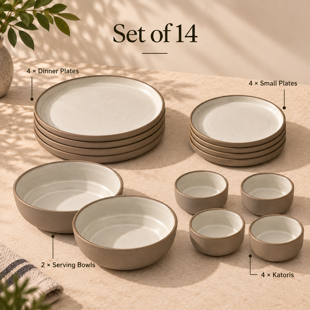 Siena Ceramic Dinner Set Of 14 with brown textured finish, white glazed plates, katoris and serving bowl by OZAY Living. 