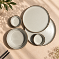 Siena dinner set with brown textured finish, white glazed plates, katoris and serving bowl by OZAY Living
