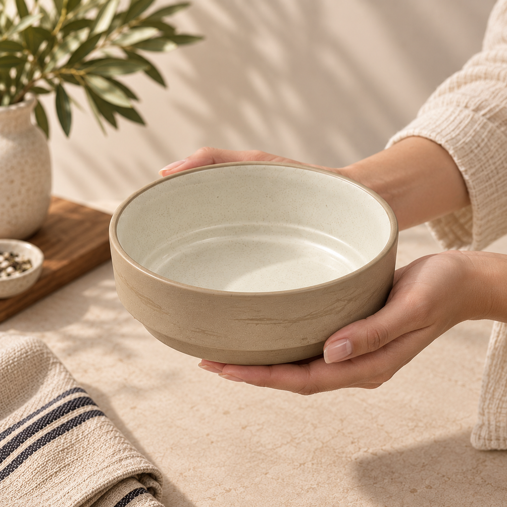 Siena Ceramic Serving Bowl  with a matte beige exterior and a glossy off-white interior, set against a warm, softly lit background with a plant and folded striped cloth.