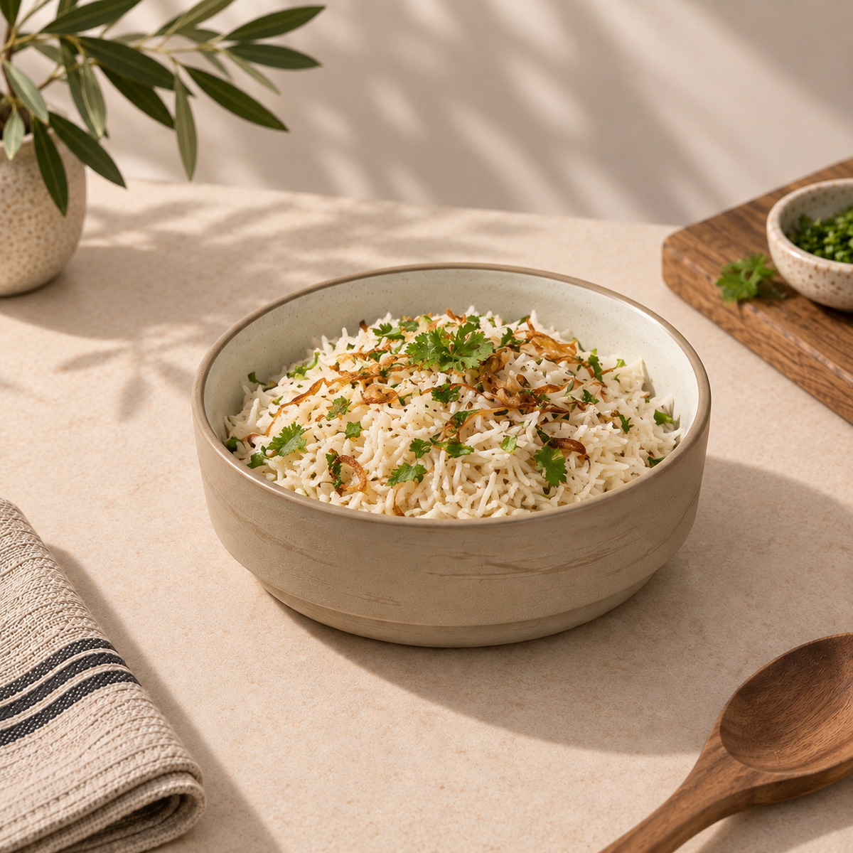 Siena Ceramic Serving Bowl filled with cooked rice topped with chopped cilantro and caramelized onions, set on a beige tablecloth with a wooden spoon, folded napkin, and small bowl of peas nearby.