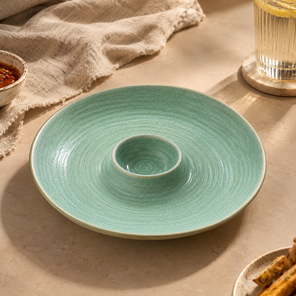 Teal ceramic Solena dip platter styled on a dining table with an elegant table setting