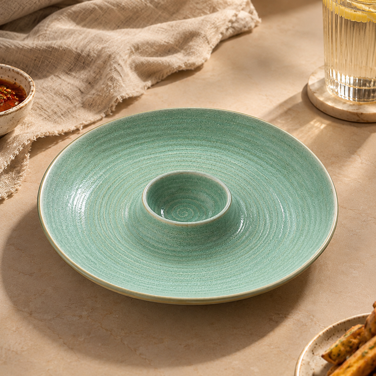 Teal ceramic Solena dip platter styled on a dining table with an elegant table setting