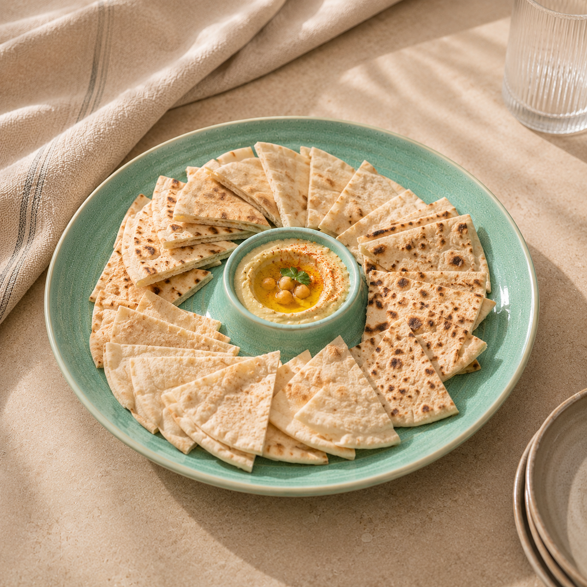 Teal ceramic Solena dip platter served with hummus and lavash for a stylish tapas setting