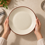 Sora ceramic dinner plate with ivory speckled finish and brown rim by OZAY Living