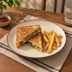 Sora ceramic dinner plate  featuring a grilled sandwich cut in half with visible green and red fillings, served with golden fries on a beige plate. A small bowl of ketchup, a striped placemat, and a glass of water are also visible.