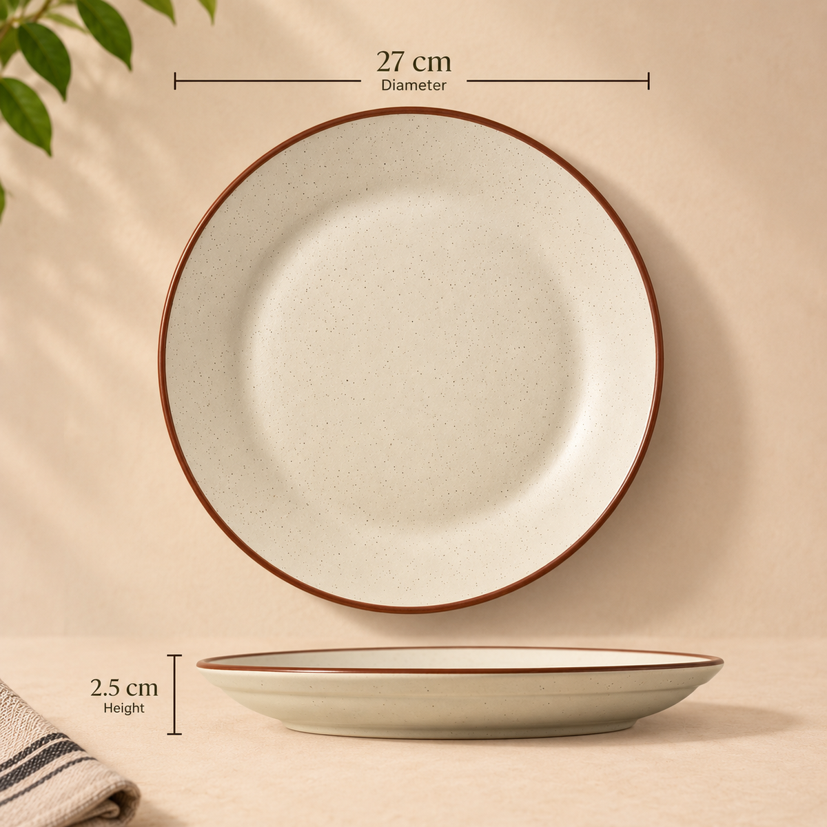 Sora ceramic dinner plate with ivory speckled finish and brown rim by OZAY Living
