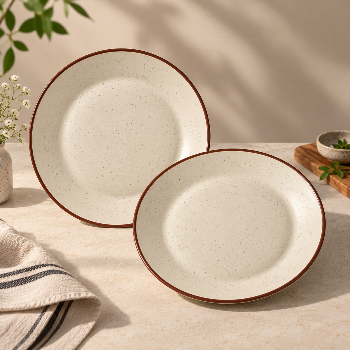 Sora ceramic dinner plate with ivory speckled finish and brown rim by OZAY Living
