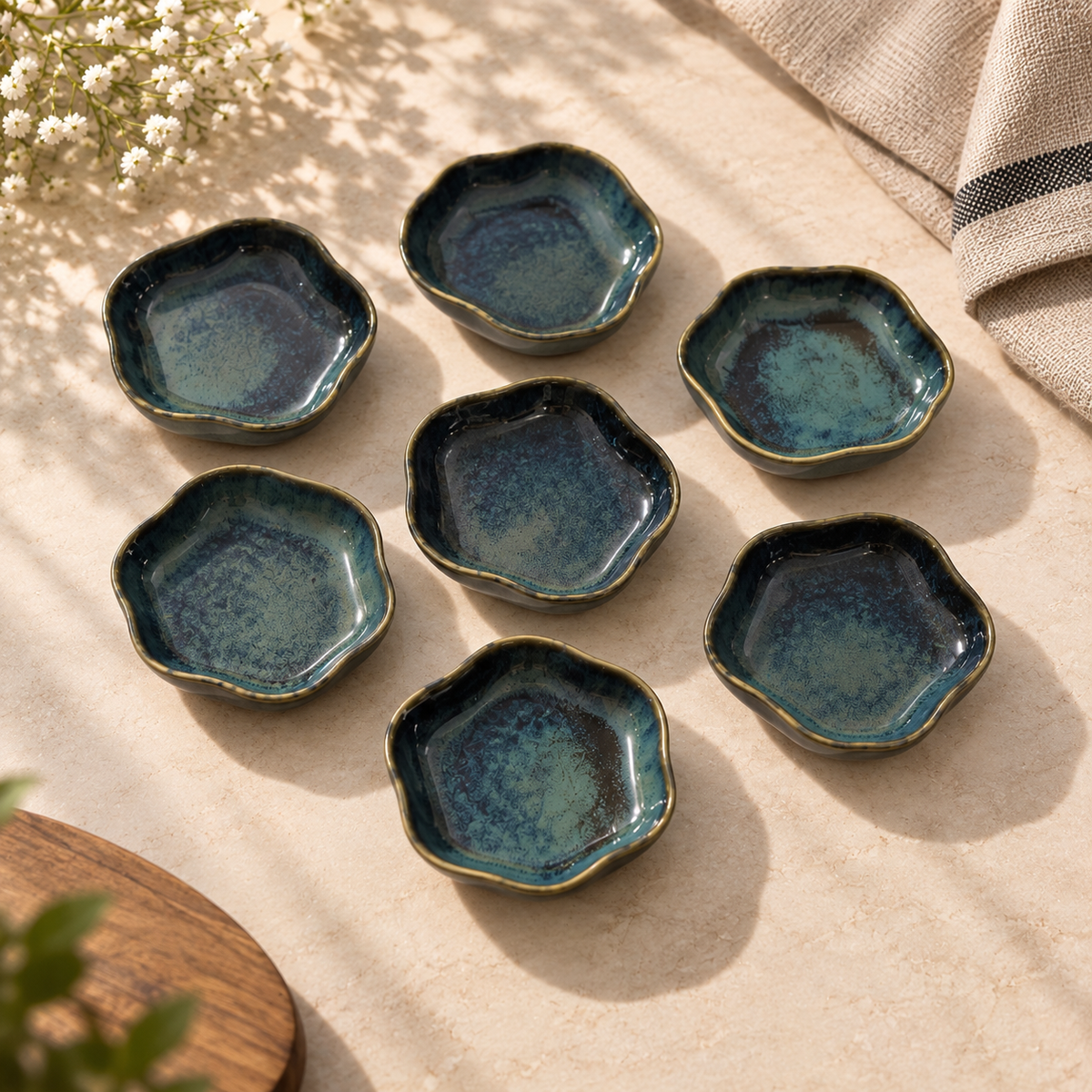 Willow Petite Servers ceramic serving dishes set with scalloped edges, glazed in a mottled teal-blue finish with a gold rim, arranged on a beige fabric surface with soft natural shadows.